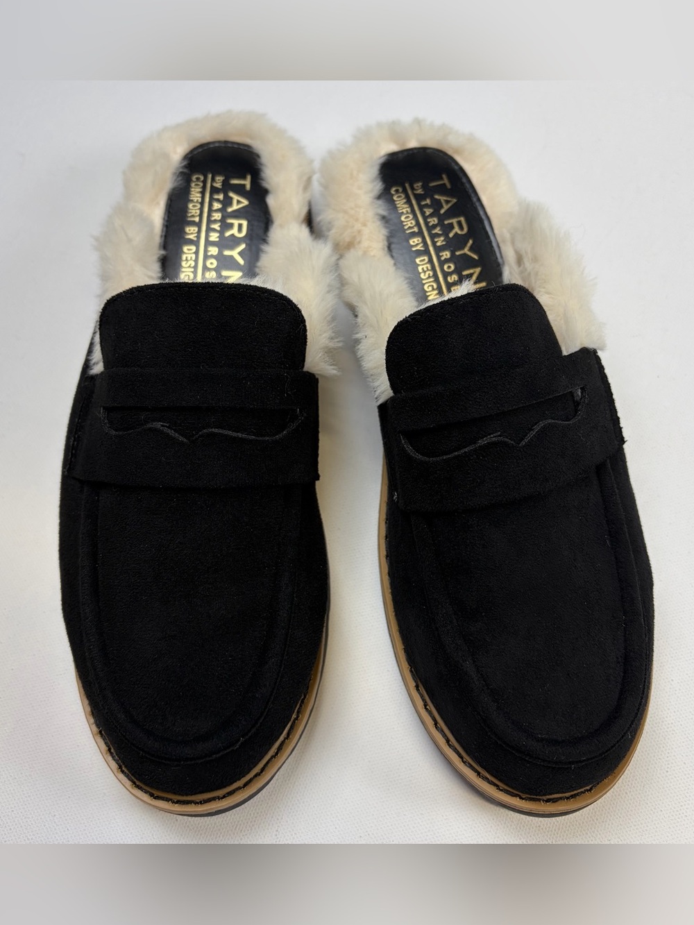 TARYN BY TARYN ROSE BLACK SUEDE FAUX FUR LINED PENNY LOAFERS MULE SIZE 7.5
